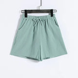 Women Summer Casual Solid Cotton Linen Loose Shorts Korean Harajuku Elastic Waist Wide Leg Short Pants Summer Basic Chic