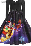 Big Swing Print Vintage Christmas Dress Women Winter Casual Long Sleeve V Neck Sexy New Year Party Dress