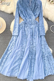 Autumn Women Mesh Patchwork Lace Long Dress Vintage V-Neck A-Line Elegant Party Maxi Robe Purple/White/Green Vestido