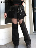 SUCHCUTE Rivet Patchwork Women Mini Pleated Skirts With Trouser Leg Hight Waist Skirt Punk Streetwear Goth Clothes Dark