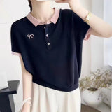 Collared Thorned Bow Embroidered Short-Sleeved T-Shirt Girl's Small Fragrant Wind Age Relaxed Temperament Ice Silk Knitted Shirt