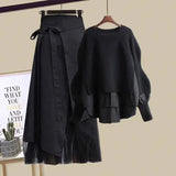 Women Sets Mesh Patchwork Slash Neck Tops + Asymmetric Skirt 2 Piece Suit Female Party Suits Elegant Casual Two Piece