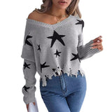 Autumn And Winter Casual V-Neck Star Cut Long-Sleeved Knitted Sweater Women's