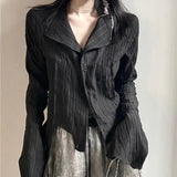 Irregular Striped Long Sleeve Button Down Blouse-Outfit