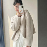 Cropped Blends Women Vintage Elegant Short Wool Coat Korean Single Breasted Jackets Sweet Casual All Match Outerwear