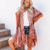 Bikini Cover-ups Boho Printed Fringed Long Kimono Carfigan Tunic Women Plus Size Beach Wear Swim Suit Cover Up