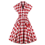England Style Summer Casual Swing Dress Plaid Printed Red Turn Down Collar Cotton Retro Vintage Pinup Rockabilly