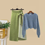 Women Autumn Winter Warm Knitted Two Pieces Sets Korean Long Sleeve Pullover Sweater Top And High Waist Skirts