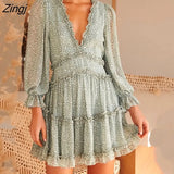Elegant Ruffles Print Mini Dress Women Sexy Halter V-neck long-sleeved waist Puff sleeve Dresses 2022 women