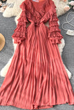 Winter Women Ruffle Pleated Long Dress Vintage Round Nec Puff Sleeve High Waist Draped Maxi Vestidos Green/Red/Purple