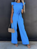 Waist Lace-up Belt Jumpsuit Women Commute Summer Office Overalls Fashion Flying Sleeve Female Solid Romper