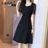 style retro black dress women square collar waist shirring midi a-line dresses office elegant intellectual vestido