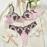 Pink Satin Black Lace Patchwork Lingerie Set- Outfit