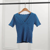 Knitting Mesh Femme Elegant Encolure V Puff Sleeved knit Chic T Shirt Pull Fancy Maille à manches courtes 2021 Retro