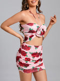 Summer Floral Print Cropped Top+Mini Skirt 2-Piece Set Women Pink Halter Top+Ruched Mini Skirt Suit Party Evening Club