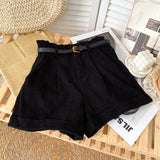 Rolled Wide-leg Shorts Women Korean Retro Elastic Waist Loose Casual Short Pants With Belt Loose A line Shorts