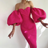 Women's Dress Sexy Strapless Lantern Sleeve Strawberry Pattern Print Off Shoulder Midi Formal Evening Party Dress