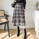 Ladies Vintage Autumn Winter Warm Midi Long Skirt Women Korean Irregular Plaid Mid-Length High Waist Skirt Female