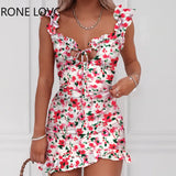 Women Spaghetti Strap Floral Print Tied Detail Ruffles Dress Mini Dress Bodycon Elegant Fashion Sweet