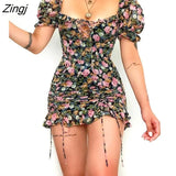 Flower Print Women Summer Dresses 2022 New High Waist Square Collar Drawstring Fold Short Puff Sleev Chic A-line Mini