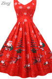 Winter Christmas Women Sexy Spaghetti Strap Swing Party Dress Vintage Robe Santa Snowflake Print