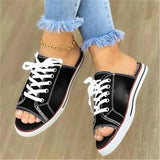 summer open-toe fish mouth denim lace-up shoes casual flat shoes ladies large canvas