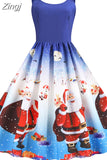Winter Christmas Women Sexy Spaghetti Strap Swing Party Dress Vintage Robe Santa Snowflake Print
