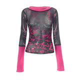 Women's Summer Y2K Vintage Sheer See-through Slim Tops Long Sleeve Round Neck Pattern Print Mesh Patchwork