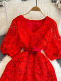 Summer Vintage Women V-Neck Puff Sleeve Hollow Out Lace Long Dress Elegant V-Neck High Waist A-Line Maxi Party